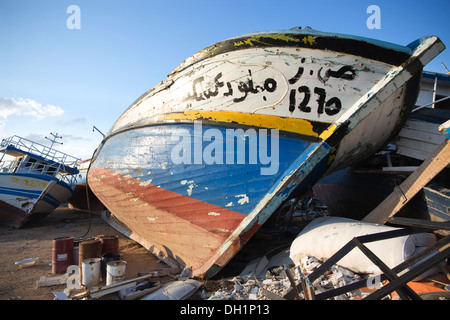 African fishing vessels seized by the Italian Coastguards, captured from African refugees trying to land in Lampedusa, Italy Stock Photo