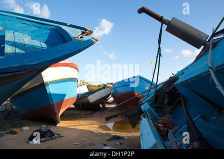 African fishing vessels seized by the Italian Coastguards, captured from African refugees trying to land in Lampedusa, Italy Stock Photo