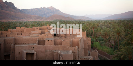 Panoramic view of old village and the Palmeries in the Draa Valley near Agdz, Southern Morocco, North Africa Stock Photo