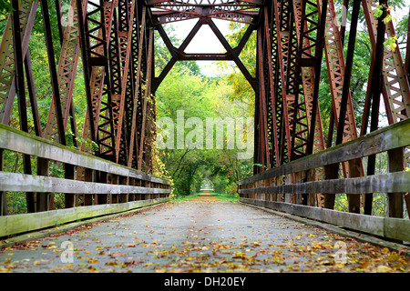 an old cast iron covered bridge on a bike trail in the forest of Wisconsin Stock Photo