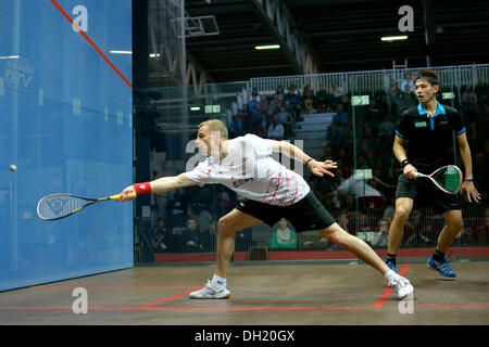 Manchester, UK. 29th Oct, 2013. Nick Matthew (England) the number 4 seed moves into the third round of the men's World Squash Championship at Sportcity, Manchester by beating unseeded Max Lee (Hong Kong) 11-7, 11-6, 11-6 in 41 minutes. World Championship Squash  Manchester, UK  29 October 2013 Credit:  John Fryer/Alamy Live News Stock Photo