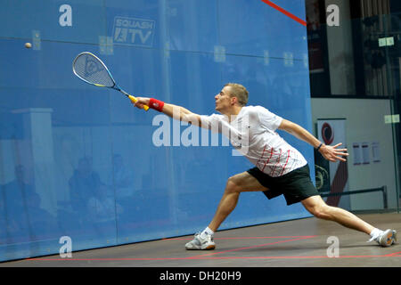 Manchester, UK. 29th Oct, 2013. Nick Matthew (England) the number 4 seed moves into the third round of the men's World Squash Championship at Sportcity, Manchester by beating unseeded Max Lee (Hong Kong) 11-7, 11-6, 11-6 in 41 minutes. World Championship Squash  Manchester, UK  29 October 2013 Credit:  John Fryer/Alamy Live News Stock Photo