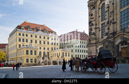 Horse-drawn carriage in front of the Frauenkirche, Church of Our Lady, Coselpalais palace at back, Dresden, Saxony Stock Photo