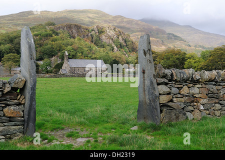 St Mary's Church Beddgelert with misty Snowdonia in the background Gwynedd Wales Cymru UK GB