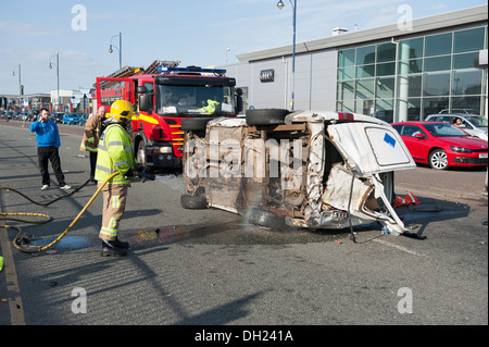 Van overturned Car Crash RTA RTC Accident Fire Stock Photo - Alamy