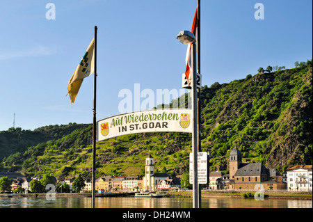 St Goar ferry station with view of Sankt Goarshausen, UNESCO World Heritage Site, Upper Middle Rhine Valley Stock Photo