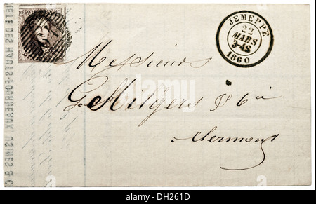 1860 Belgian folded invoice with King Leopold 1 postage stamp sent from Jemeppe to Clermont, Belgium. Stock Photo