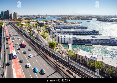 The view over Walsh Bay from the Sydney Harbour Bridge Pylon tower in Sydney, Australia Stock Photo