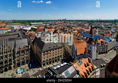 View from St. Peter's Church, Alter Peter, to Marienplatz square and the New Town Hall, Munich, Upper Bavaria, Bavaria Stock Photo