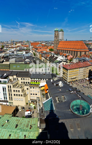 View from St. Peter's Church, Alter Peter, over the roofs of Munich with Frauenkirche, Church of Our Lady, right, Munich