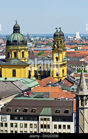 View from St. Peter's Church, Alter Peter, over the roofs of Munich with the Theatine Church, Theatinerkirche, Munich