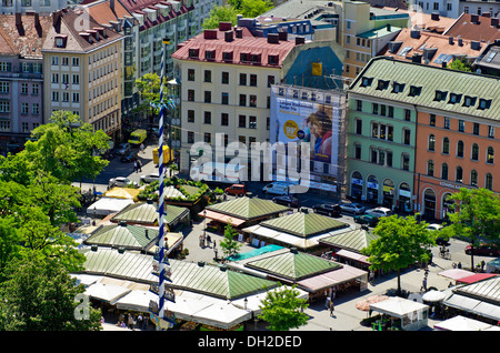 View from St Peter's Church, Alter Peter, to Viktualienmarkt, food market and square, Munich, Upper Bavaria, Bavaria Stock Photo