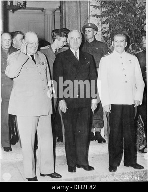 Biritsh Prime Minister Winston Churchill, President Harry S. Truman, and Soviet leader Josef Stalin pose in front of... 198907 Stock Photo