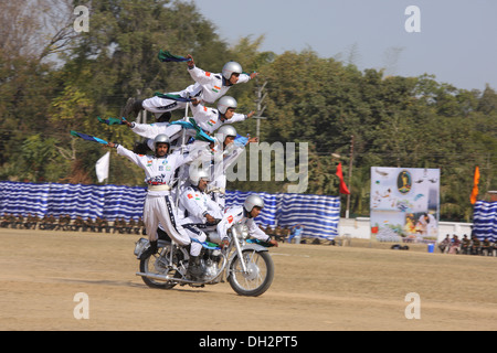 Synchronised balancing act on motor cycle at Jabalpur Madhya Pradesh India Asia Stock Photo