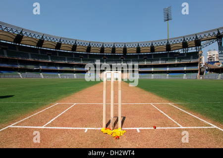 Cricket stumps and pitch Wankhede Stadium Bombay Mumbai Maharashtra India Asia Asian Indian