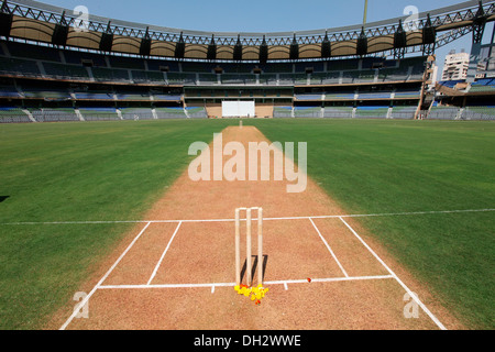 Cricket pitch with stumps Wankhede Stadium Bombay Mumbai Maharashtra India Asia