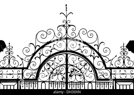 Silhouette of wrought iron gateway Stock Photo