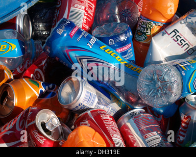 Soft drink cans and bottles ready for re-cycling, UK Stock Photo