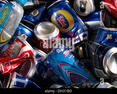 Beer, soft drink cans and bottles ready for re-cycling, UK Stock Photo