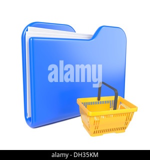 Blue Folder with Shopping Basket. on White. Stock Photo