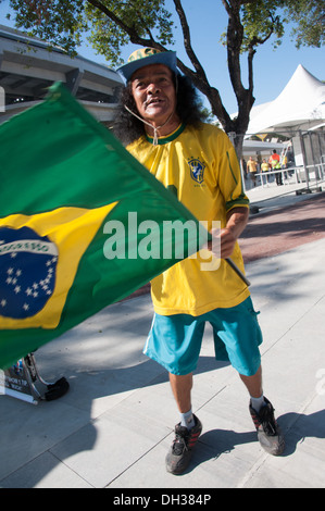 A Brazil fan waving the national flag outside the stadium. Brazil v England football match, Maracana stadium, Rio de Janeiro, Br Stock Photo