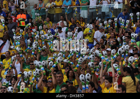 Local fans in the stadium. Brazil v England football match, Maracana stadium, Rio de Janeiro, Brazil. 2nd June 2013. Stock Photo