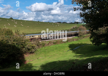 steam train near greenway halt,devon, railway, attraction, rail, engine, tourist, station, vintage, locomotive, nostalgic Stock Photo