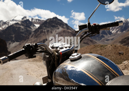 Indian manufactured Royal Enfield motorcycle on the Leh, Sarchu road, Ladakh, Northern India Stock Photo