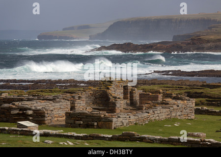 Islands of Orkney, Scotland. Low tide view from Orkney’s mainland to the tidal island, Brough of Birsay. Stock Photo