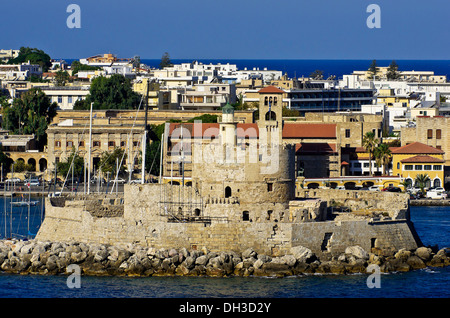 Harbour entrance of Rhodes in front of the fortified tower of Agios Nikolaos, Rhodes, Rhodos Island, Dodecanese, Greece Stock Photo
