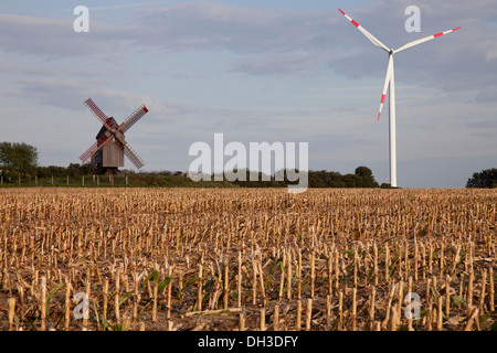 Windmill and a wind turbine, photomontage, Bad Düben, Authausen, Saxony, Germany Stock Photo