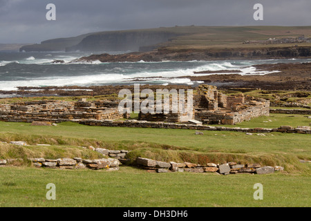 Islands of Orkney, Scotland. Low tide view from Orkney’s mainland to the tidal island, Brough of Birsay. Stock Photo