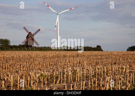 Windmill and a wind turbine, photomontage, Bad Düben, Authausen, Saxony, Germany Stock Photo