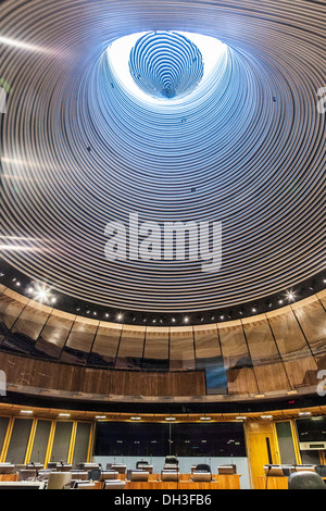 View up to the funnel roof of the Siambr or debating chamber in the Senedd or National Assembly for Wales in Cardiff Bay. Stock Photo