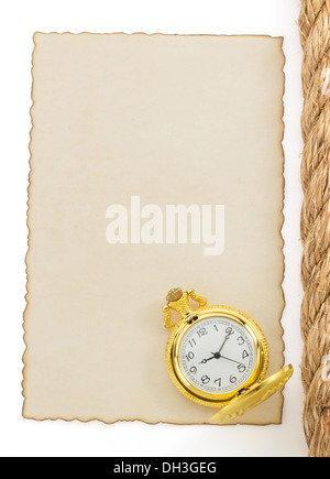 ropes and old paper isolated on white background Stock Photo