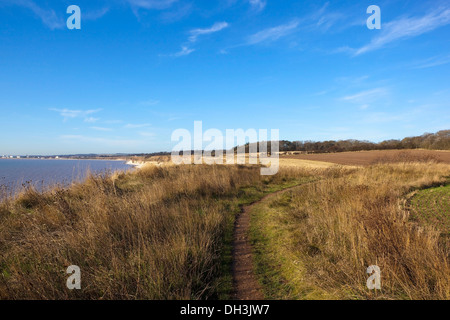 The view South across Bridlington bay from the grassy coastal cliff-top footpath between Danes dyke and Flamborough head Stock Photo