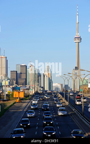 On the Gardiner Expressway moving towards the city center, Toronto, Ontario, Canada Stock Photo