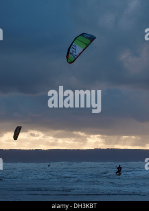 Winter kite surfing, Westward Ho!, Devon, UK Stock Photo