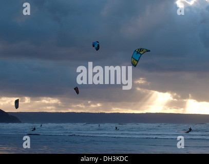 Winter kite surfing, Westward Ho!, Devon, UK Stock Photo