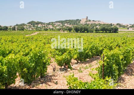 The French village of Châteauneuf-du-Pape seen above vineyards, France, Europe Stock Photo