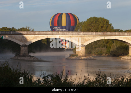 Hot air balloon in the Loire Valley near Chateau Chenonceau, France 2013. Le Cher river. Stock Photo