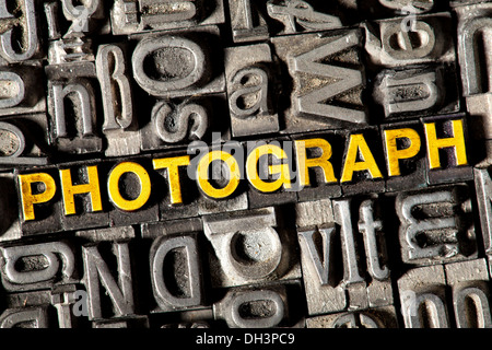 Old lead letters forming the word PHOTOGRAPH Stock Photo