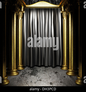 black fabric curtain on golden stage Stock Photo