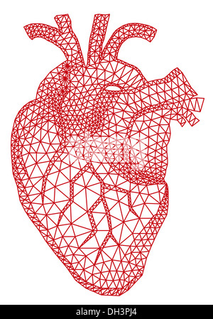 abstract red human heart with geometric mesh pattern