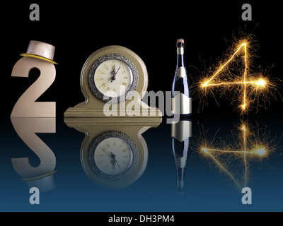 New Year 2014 set up of golden digit two, table clock, bottle of champagne and digit four created from burning sparkler Stock Photo