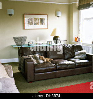 Brown leather sofa with faux fur cushions in modern living room with glass side table and red rug Stock Photo