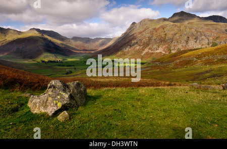 Bow Fell to Langdale Pikes and the U shaped valley of Great langdale  viewed from just below Side pike on a clear morning Stock Photo