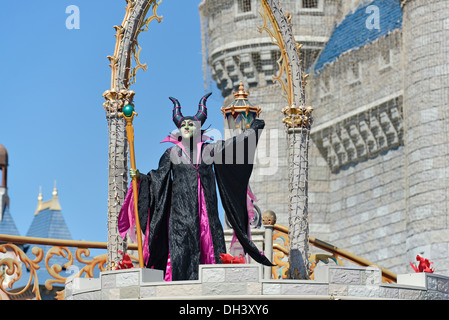 Maleficent, Sleeping Beauty Evil Witch on stage at Cinderella Castle, at the Magic Kingdom, Disney World Resort, Orlando Florida Stock Photo