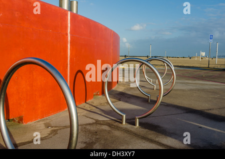Bicycle posts outside a public restroom. Ocean Beach, San Diego, CA, USA. Stock Photo