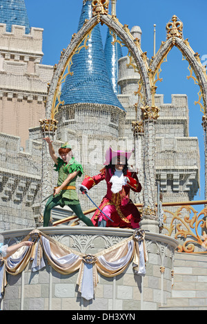 Captain Hook and Peter Pan on stage, Mickey's Dream Along Show at Cinderella Castle, Magic Kingdom, Disney World, Florida Stock Photo